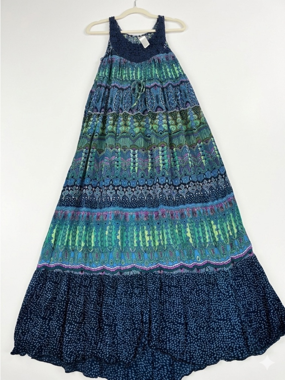 Bila Maxi Dress Crochet Neck Tiered Geometric Boho Blue Green Size S - Picture 2 of 11